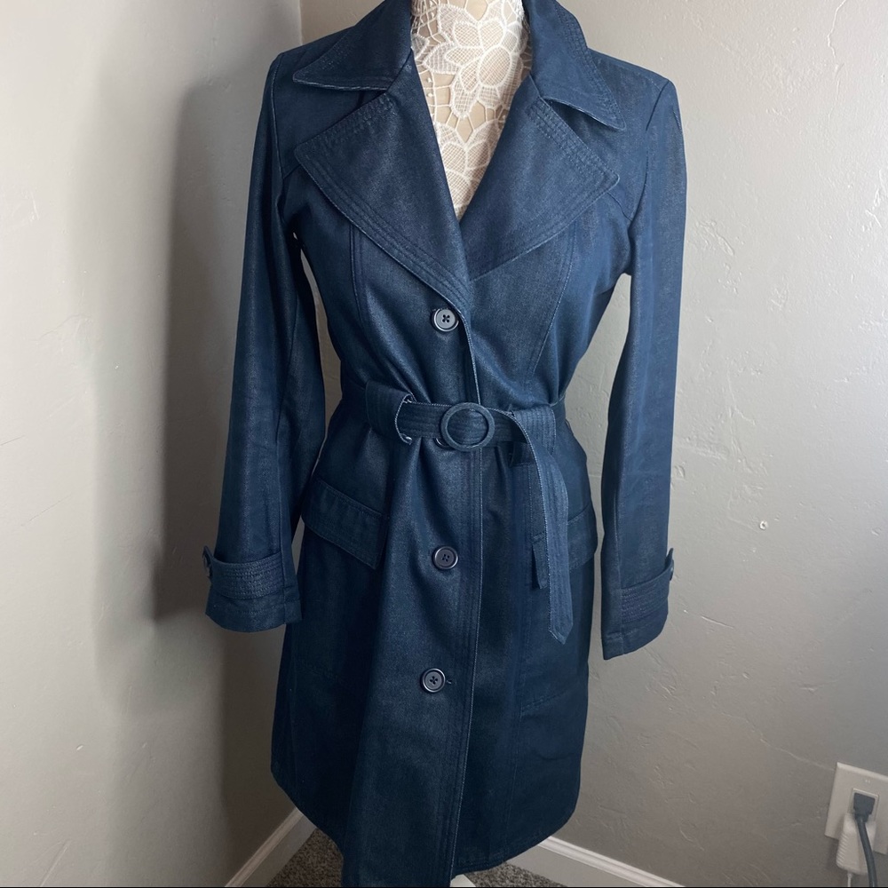 GAP || long dark denim jacket with belt size small